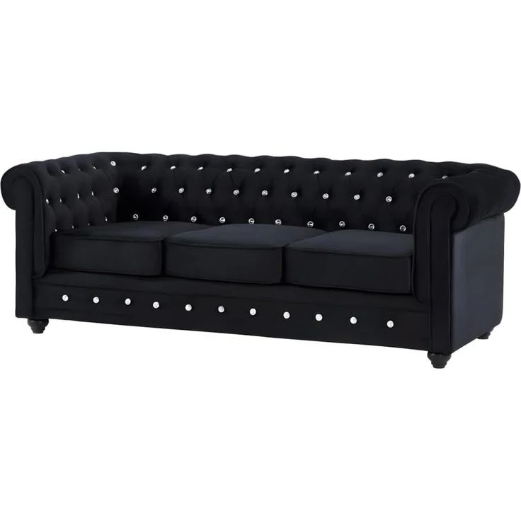 Vente-unique - Sofas 3-Sitzer, 2-Sitzer & Sessel - Samt - Schwarz mit Knöpfen in Kristall-Optik - CHESTERFIELD – Bild 4