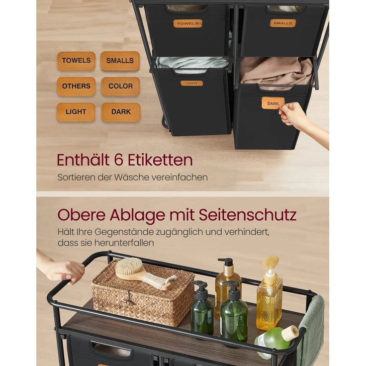 VASAGLE Wäschesortierer, Wäschetrenner mit Rädern, 150 L, Wäschekörbe, beweglicher Wäschewagen mit Ablage, 4 abnehmbare Taschen, 6 Etiketten, tintenschwarz-kastanienbraun – Bild 4
