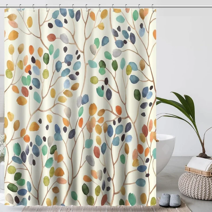 Amaredom Duschvorhang Blumenmuster Bunte Blätter Badezimmer 180x200cm – Bild 1