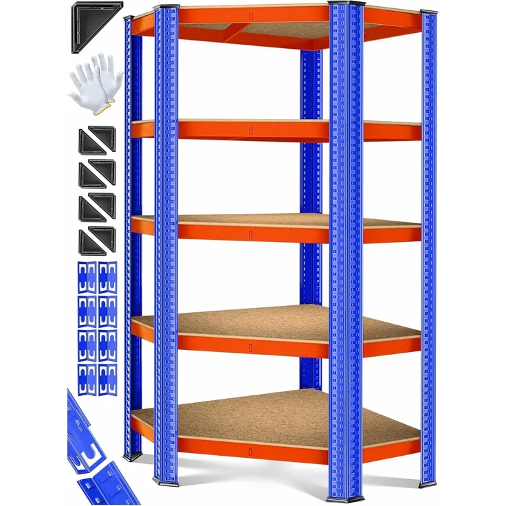 MASKO® Eckregal Lagerregal Schwerlastregal, Kellerregal, 180x75x40cm , bis 875 kg, 5 verstellbare Ablagen, MDF-Platten Regal aus Metall, Steckregal, Werkstattregal, Keller, Garage Orange / Blau