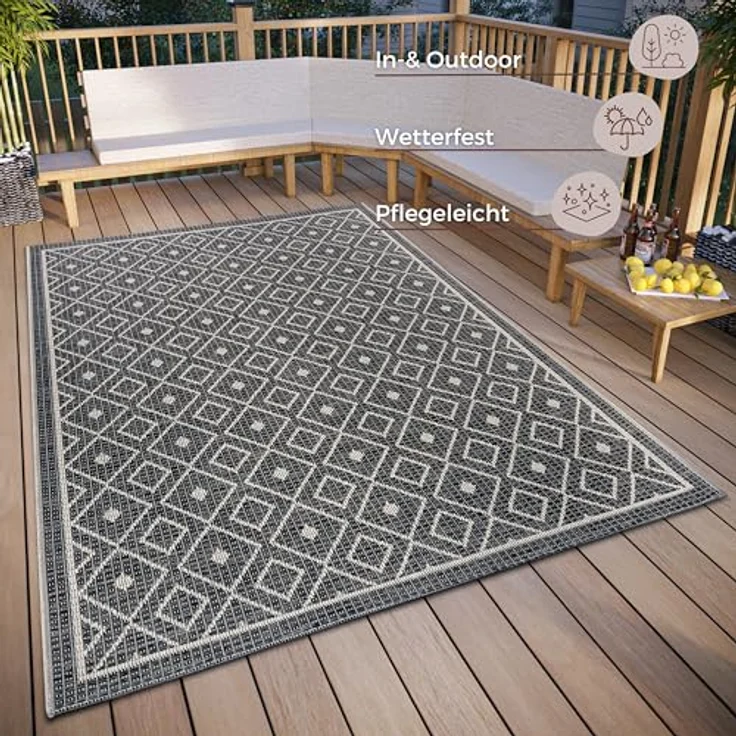 Hanse Home Lahal Outdoor Teppich Wetterfest – Modernes Geometrisches Rauten Muster, Wasserfest robuster Aussenteppich Flachgewebe für Garten, Balkon, Terrasse, Wohnzimmer – Grau Beige, 76x150cm – Bild 2
