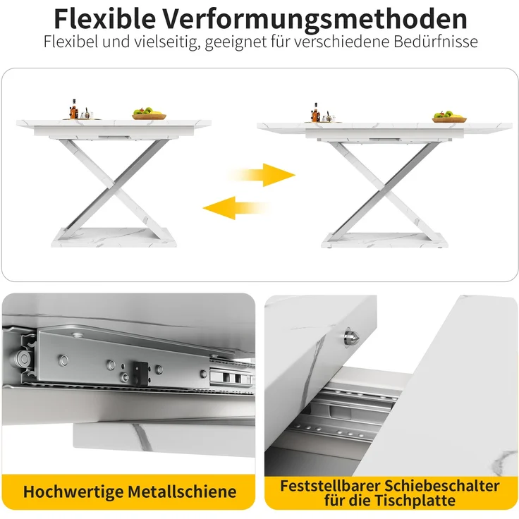 Teleskop-Esstisch 118–157 cm mit Marmormuster MDF-Platte, robustes Kreuzbein-Design, Metall-Teleskopstange, 76.4cmx118-157cmx75cm – Bild 4
