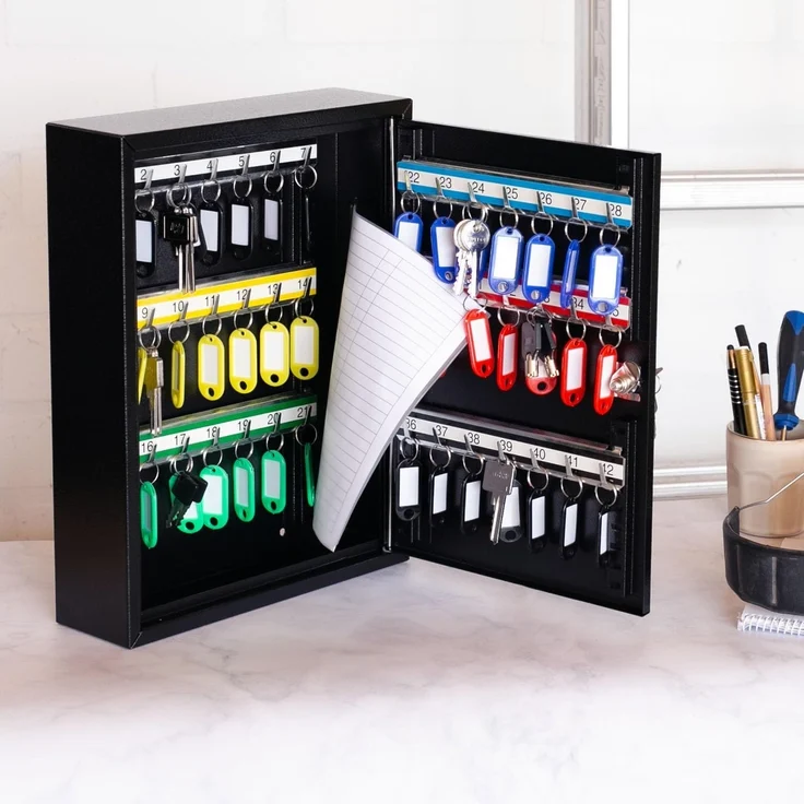 HMF Schlüsselkasten Abschließbarer Schlüsselschrank mit 42 Haken (Inkl. Schlüsselanhänger), verstellbare Hakenleisten, 35 x 27 x 8 cm, schwarz – Bild 2