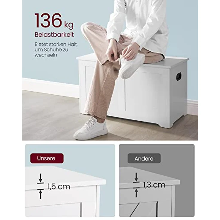 VASAGLE Schuhbank, Sitzbank mit Stauraum, Sitztruhe mit 2 Sicherheitsscharnieren, Aufbewahrungsschrank, Landhausstil, 40 x 80 x 46 cm, für Flur, Schlafzimmer, Wohnzimmer, wolkenweiß LSB063T14 – Bild 8