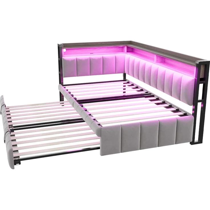 Merax Einzelbett, 90x200cm Polsterbett, Schlafsofa, mit Ausziehbett, LED-Beleuchtung und Ablagefächern am Kopf- und Fußende, Ausgestattet mit USB- und Typ-C-Anschlüssen, Samtstoff Hellgrau – Bild 7
