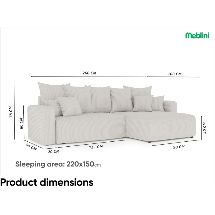 MEBLINI Schlafcouch mit Bettkasten - 260x160x78cm - Dunkelgrau Cordstoff - BALI - Kleines Ecksofa mit Schlaffunktion - Sofa mit Relaxfunktion und Kissen - Kleine Couch L-Form - Eckcouch – Bild 7