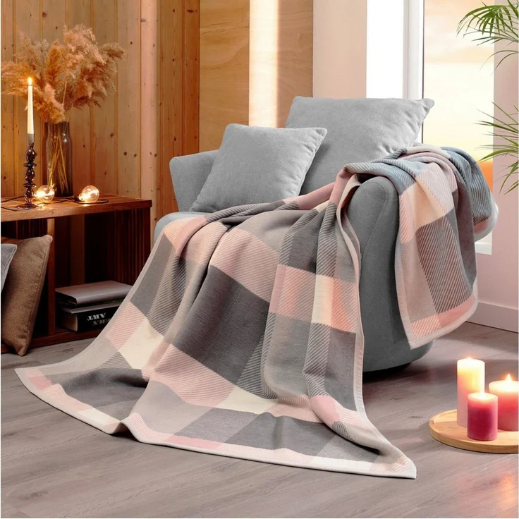 Wohndecke Check rosa, karierte Kuscheldecke in 150x200, Decke aus Baumwoll-Mix, Biederlack, Made in Germany – Bild 3