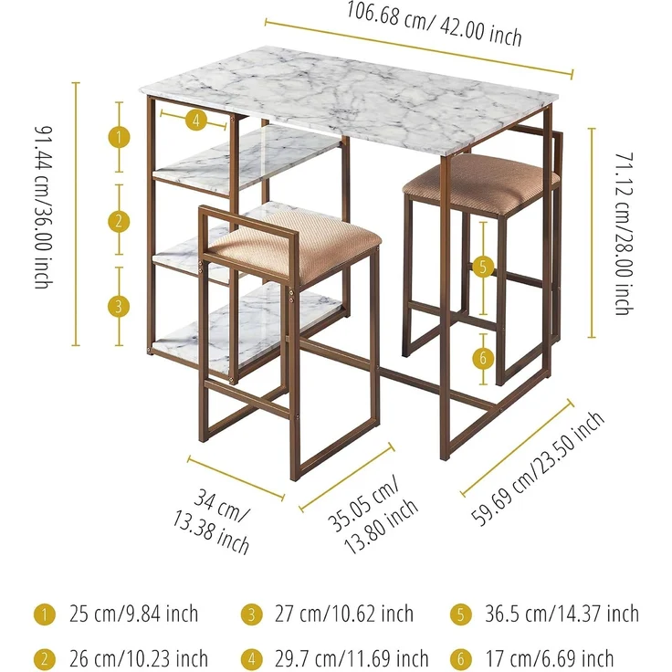 Teamson Home Marmo 3-Stücke Frühstücks-Ess-Set, Bartisch und 2 Gepolsterte Hocker mit Stauraum, Tischplatte aus Weißem Marmor und Beine in Gold-Messing-Finish – Bild 4