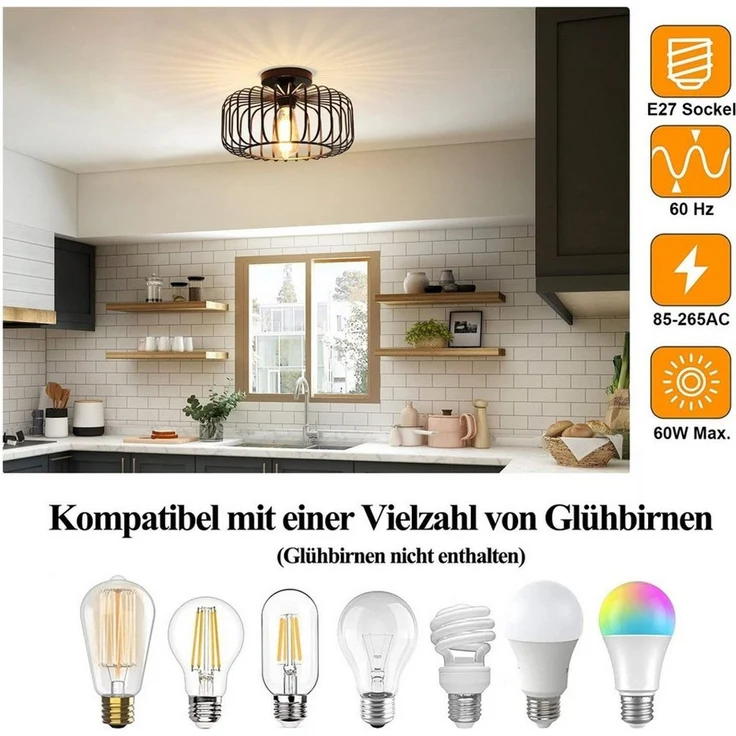 POPOLIC LED Deckenleuchte Vintage Deckenleuchte Küche Industrial Hängeleuchte mit Glühbirne, Hängeleuchte aus Metall für Wohnzimmer Büro Küche Balkon – Bild 2