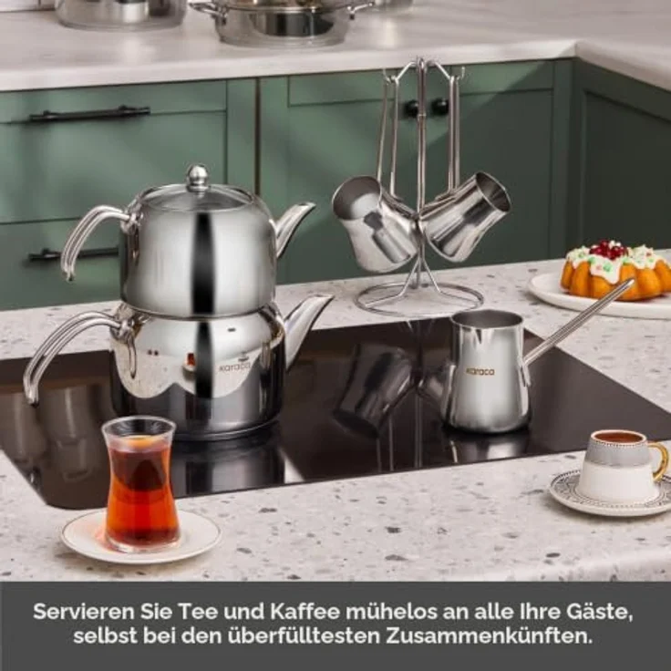 Karaca Belgrad 15-teiliges Topf-Set aus Edelstahl mit hitzebeständigen Deckeln, inkl. Bratpfanne und Kaffeekannen-Set – Bild 7