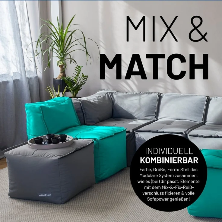 Lumaland Sitzsack-Sofa, Polyester, Pouf, Türkis, 40 x 54 x 54 cm – Bild 3