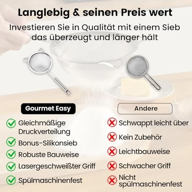Küchensieb - Edelstahl, Sieb-Set, Edelstahl, 3-teilig: Mehlsieb, Nudelsieb und Silikon-Dosensieb – Bild 6