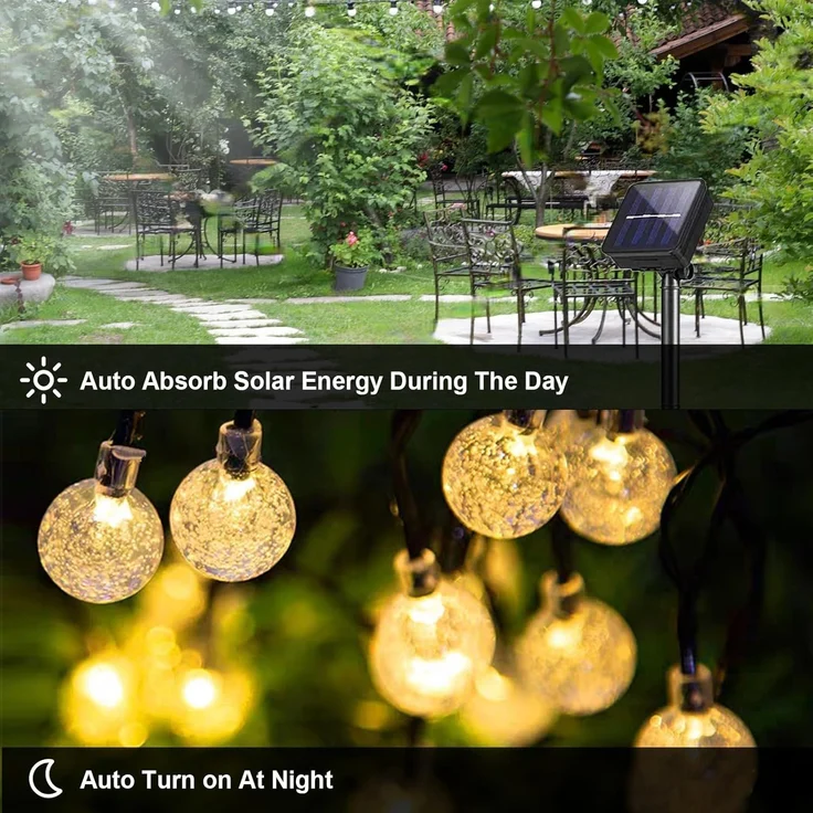LQWELL® Solar Lichterkette Aussen 13M 60LED 8 Modi für Innen und Aussen Kettenlicht Kristall Kugeln IP44 Lichterkette Wasserdicht Garten Terrasse Balkon Hochzeit Party Fenster (Warmweiß) – Bild 5