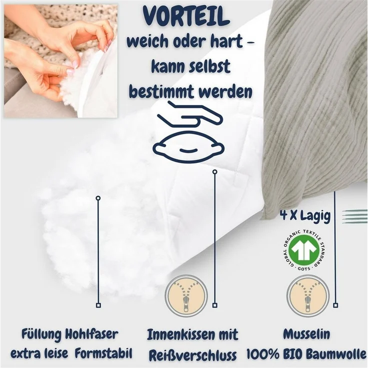 SEI Design Stillkissen Seitenschläferkissen XXL Babynest - Baby Erstausstattung Neugeborene, Schwangerschaftskissen 190x30 cm, Schwangerschaftskissen mit Bezug, Musselin Bezug 100% BIO Baumwolle, 100% Vegan – Bild 2