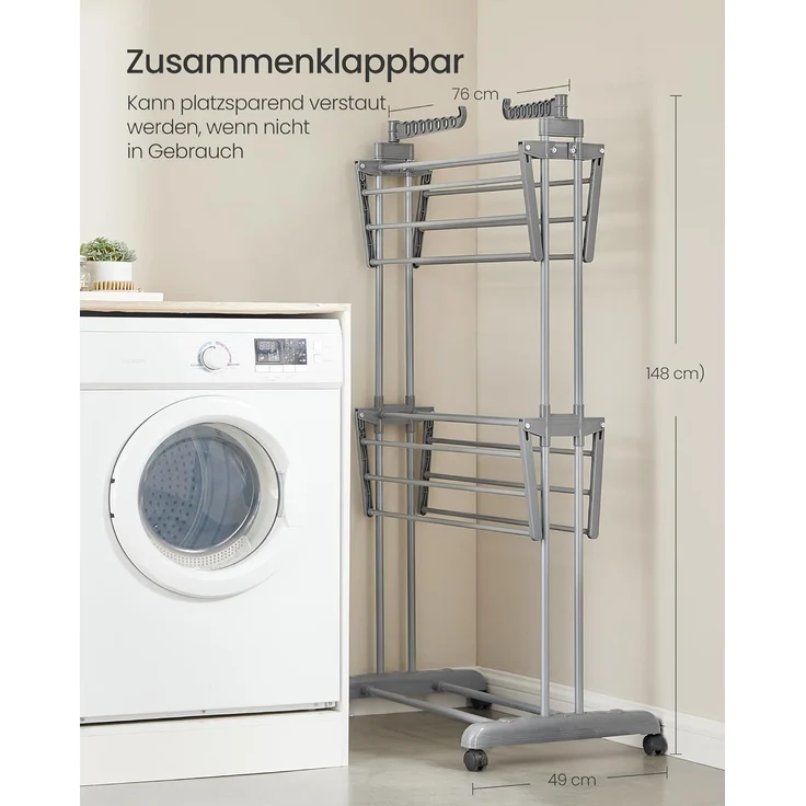 SONGMICS Wäscheständer, Standtrockner 4 Ebenen, Flügelwäscheständer, klappbare Flügel, mit Rollen, 63,5 x 128 x 148 cm, groß, einfacher Aufbau, für Innen- und Außenbereich, taubengrau – Bild 7