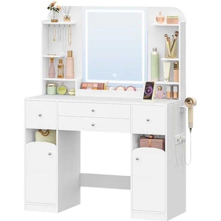 Schminktisch mit LED-Beleuchtung, mit Stecker und Föhnhalter, große Tischplatte 108 cm, Schminktisch mit 2 großen Schubladen mit Schmuckablage, 2 Schränke, 40 x 108 x 144 cm, Weiß – Bild 8