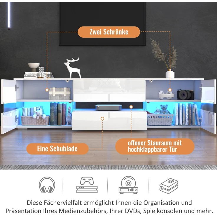 TV-Schrank, 160x39x45 cm, weißer Hochglanz-TV-Schrank mit LED, Acrylglas & Drucköffnung – Bild 5