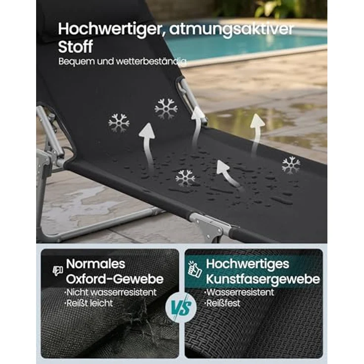 Sonnenliege, klappbarer Liegestuhl, 193 x 53 x 29 cm, max. Belastbarkeit 150 kg, mit Sonnenschutz, Kopfstütze und Verstellbarer Rückenlehne, für Garten, Pool, Terrasse, Schwarz, 1 Liege – Bild 7