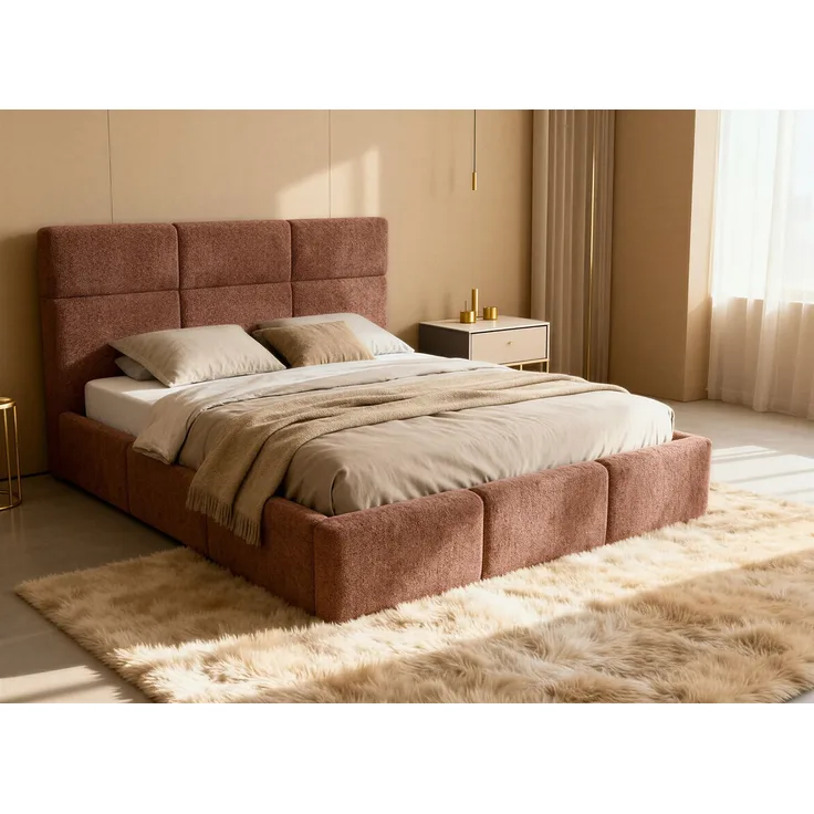 Polsterbett Celine - Bettkasten mit Gasdruckfedern - Doppelbett mit Lattenrost, Bett mit Polsterkopfteil, Bettgestell, Schlafzimmer, Bouclé-Stoff (160x200 cm, Rosa (Coral 45))