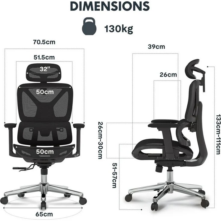 FLEXISPOT Bürostuhl ErgoX, Schreibtischstuhl Premium Ergonomischer (Rückenlehne verstellbar 90°-135°, 3D-Armlehnen, 3D-Kopfstütze, 5D-verstellbare Rückenlehne), Chef-Mesh-Bürostuhl, Computer-Bürostuhl, 130KG Tragkraft – Bild 2
