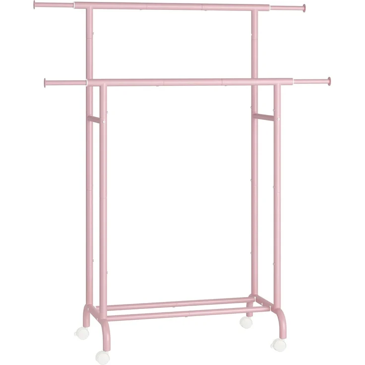 Songmics Kleiderständer auf Rollen, doppelte Stangen, ausziehbare Kleiderstangen, Garderobenständer aus Stahlrohren, bis 80 kg belastbar, 83-120 cm breit, Pastellrosa – Bild 1