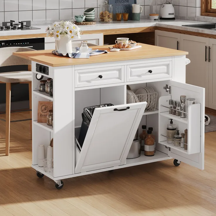 Kücheninsel mit Rollen, Ausziehbarer Esstisch, Kücheninsel mit Abfallbehälterfach und Handtuchhalter, Mobile Servierwagen mit Steckdosenleisten, Ideal für Küche und Esszimmer (Weiß)