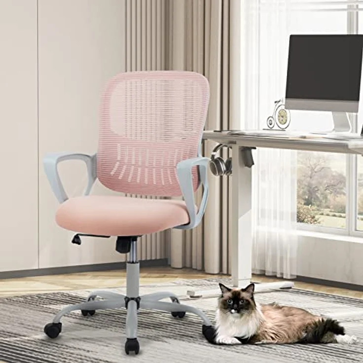 Sweetcrispy Bürostuhl Ergonomisch, Schreibtischstuhl mit Lendenwirbelstütze, Höhenverstellbarkeit Stuhl, Bürostühle mit Armlehne, Office Chair Geeignet für Büro Schlafzimmer, Rosa – Bild 3