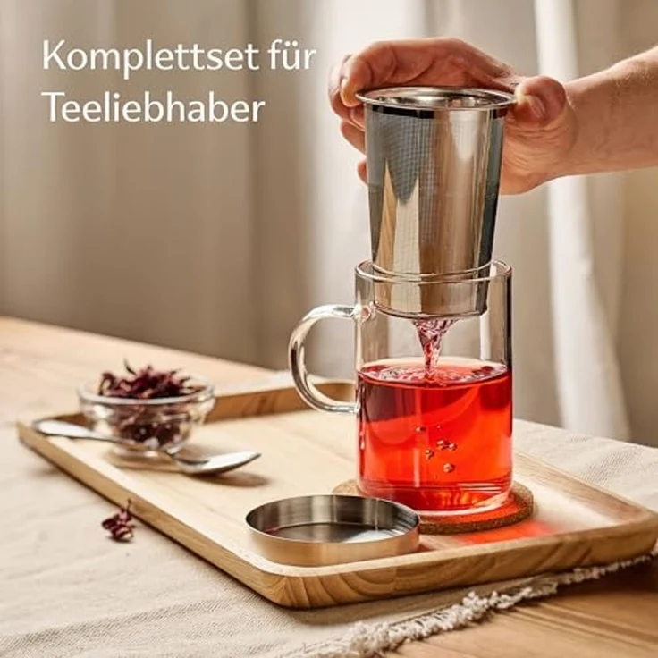 Cosumy Teeglas Teetasse mit Deckel und Sieb - Teeglas mit Sieb & Untersetzer 400ml, 1-tlg, Glas, Zubereiter inkl. Untersetzer - Geschenk Tasse - Feinmaschiger Filter – Bild 2