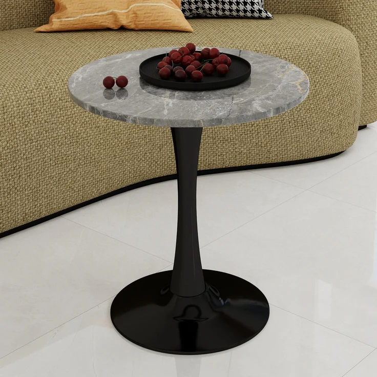 Novelux Runder Esstisch 70 cm – Couchtisch Schwarz Marmoroptik, Mid-Century Modern Tisch für 2-4 Personen, Dunkelgraue Maserung – Bild 9
