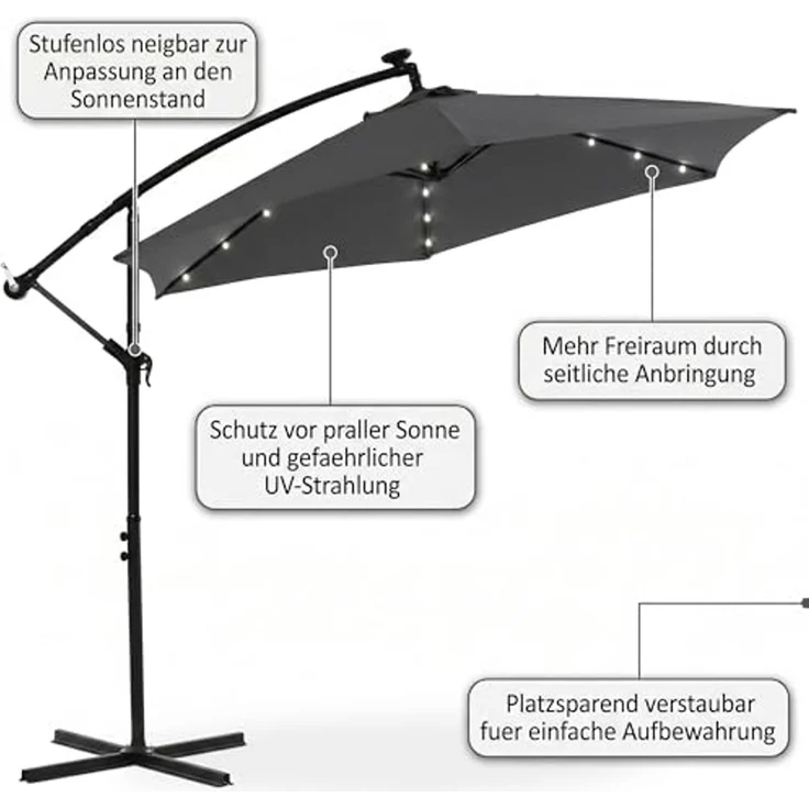 Terrassenschirm Grau Kurbelschirm 350 cm Ampelschirm LED Sonnenschutz Garten Gartenschirm Marktschirm Sonnenschirm Strandschirm 3,5 Meter Aufklappbar – Bild 6