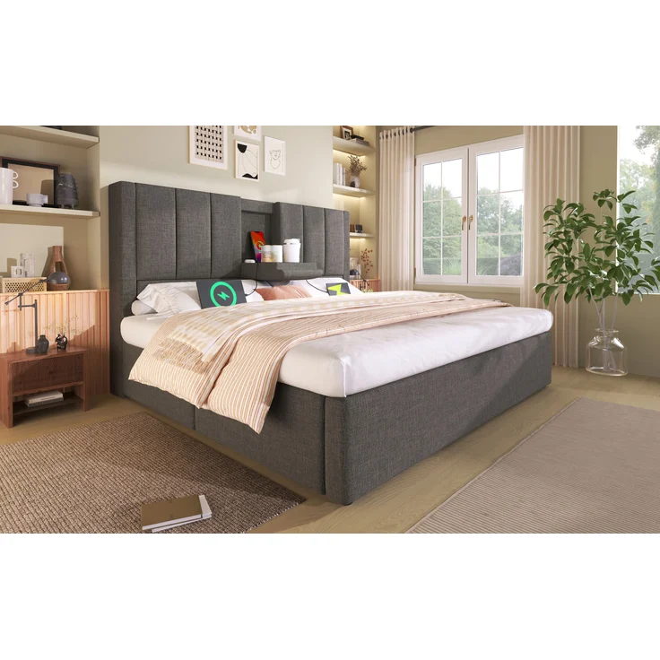 Doppelbett mit praktischer Klapp-Funktion, Leinen, 140x190 cm, Grau, ohne Matratze – Bild 2