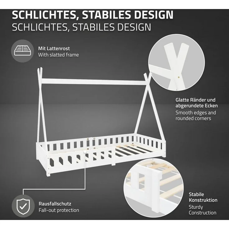 ML-DESIGN Spielbett Hausbett Tipi Zeltbett inkl. Lattenrost Bodenbett Kinder Himmelbett, Abenteuerbett mit Rausfallschutz Zelt Bett Kiefer Weiß Kinderhaus – Bild 4