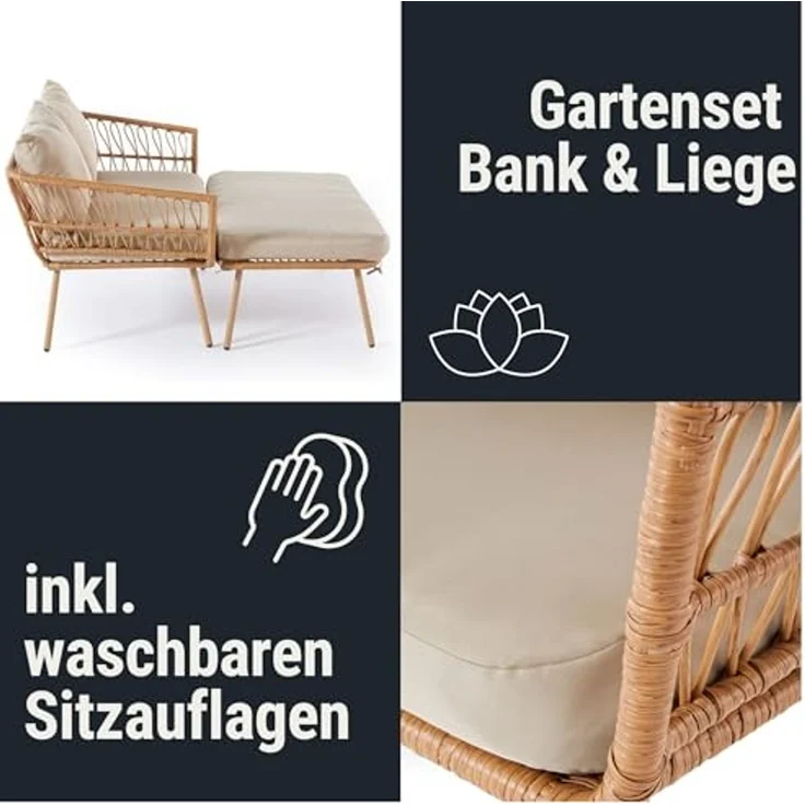 Wohnando Gartenliege Gartensofa "Maike" modernes Loungesofa, Rattan, 126x116x67cm (BxTxH), 1 St, mit Auflage und Kissen grau beige, Gartensonnenliege, Gartenmöbel – Bild 7