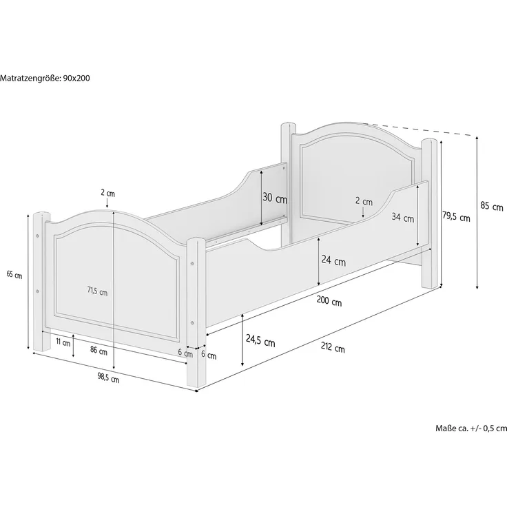 Seniorenbett extra hoch Jugendbett waschweiß 90x200 Massivholz 60. 40-09 W oR