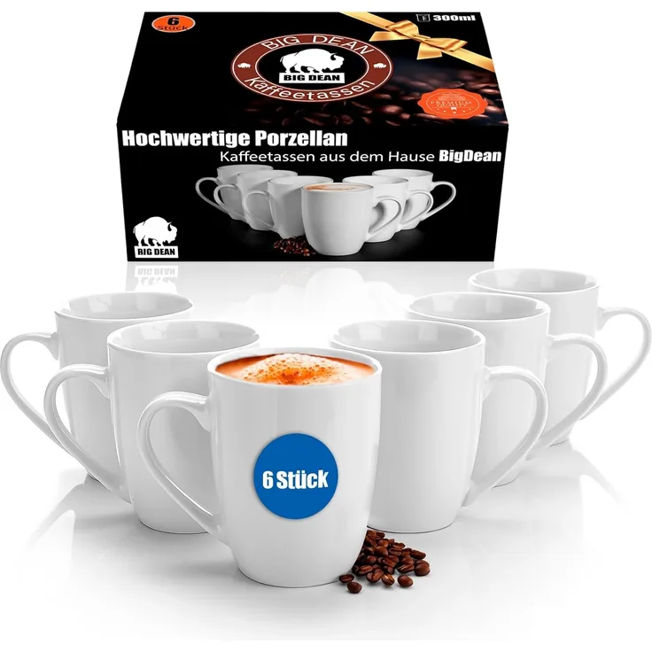 6 Stück Kaffeebecher 300ml aus hochwertigem echtem Porzellan - Tassen zum Bemalen - in Geschenkbox