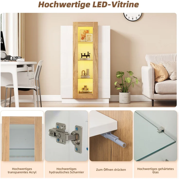 DESVIAE Vitrine mit LED-Beleuchtung und 3 Türen 74x120x40 cm Spanplatte Weiß/Natur – Bild 6