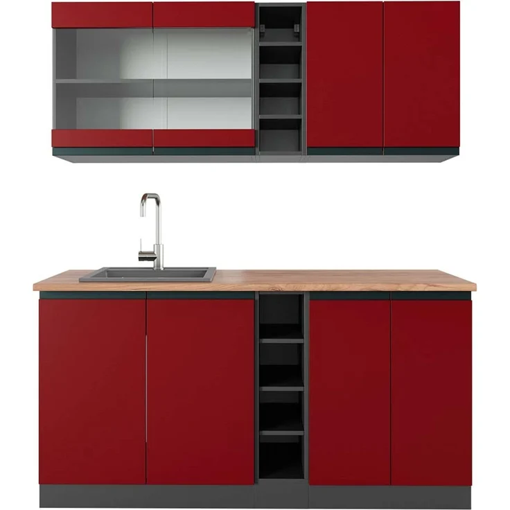 Singleküche R-Line Rot/Anthrazit 160 cm J-Shape, AP Eiche Vicco – Bild 1