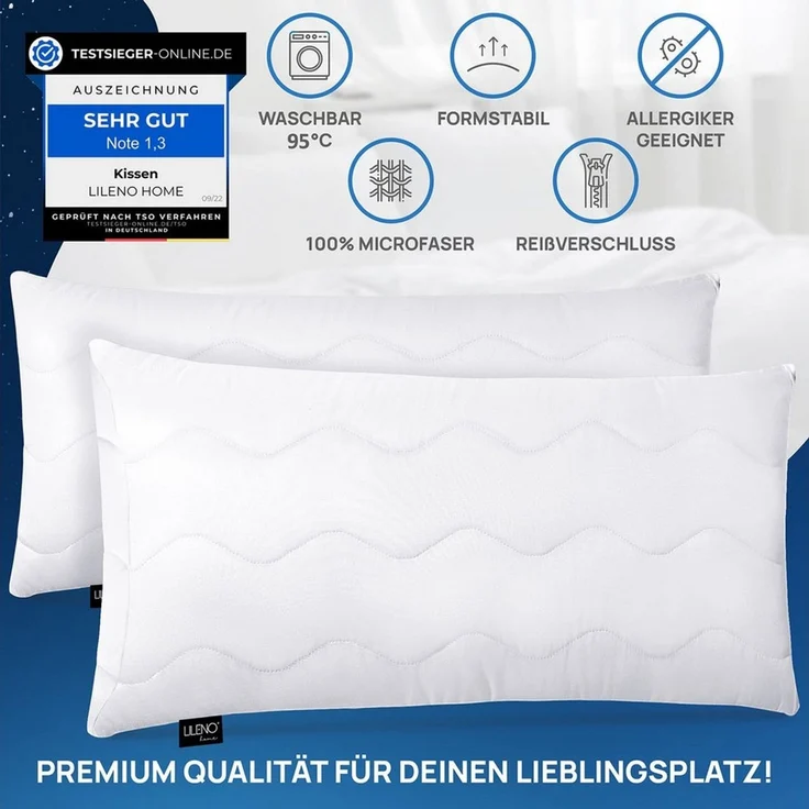 LILENO HOME Kopfkissen LILENO HOME Allergiker Kopfkissen Oeko-Tex & - Made in Germany, Füllung: 100% Polyester, Seitenschläfer, Bauchschläfer, Rückenschläfer, Spar-Set, 4er Set, Kopfkissen 40x80 cm HART mit 650g Füllung, allergikergeeignet – Bild 4