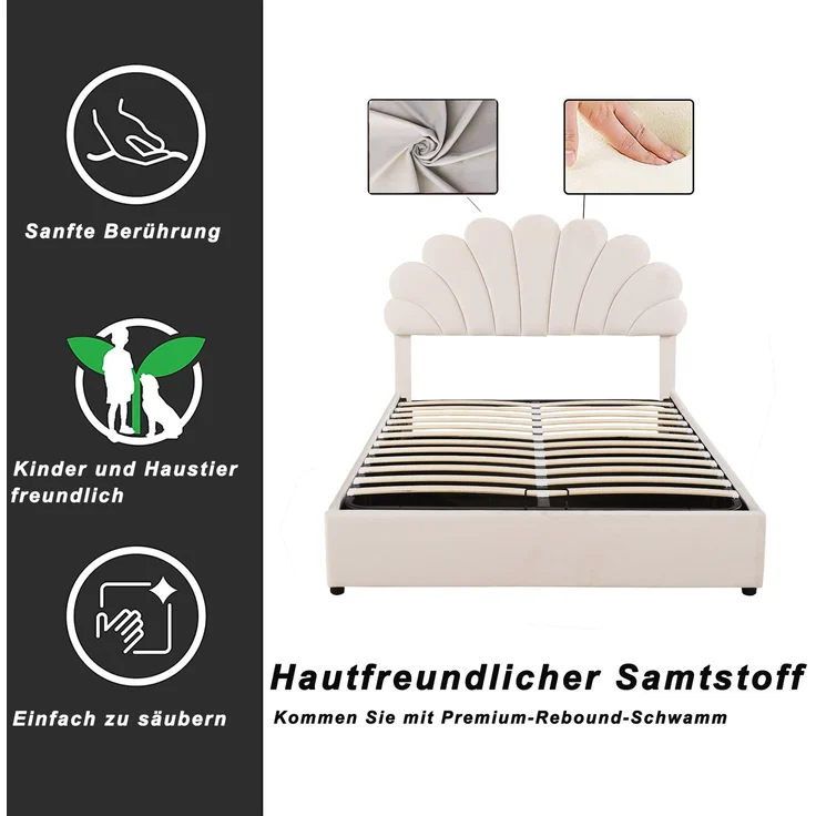 Polsterbett 140x200 Samt mit Stauraum, hydraulisch, Blumen-Kopfteil, Doppelbett modern weich,Beige – Bild 4