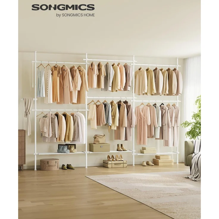 Songmics deckenhocher Kleiderständer, höhen- und breitenverstellbar, mit abnehmbaren Ablagen, Stahl / Kunststoff mattweiß, 33,5 x (240-353) x (208-310) cm – Bild 2