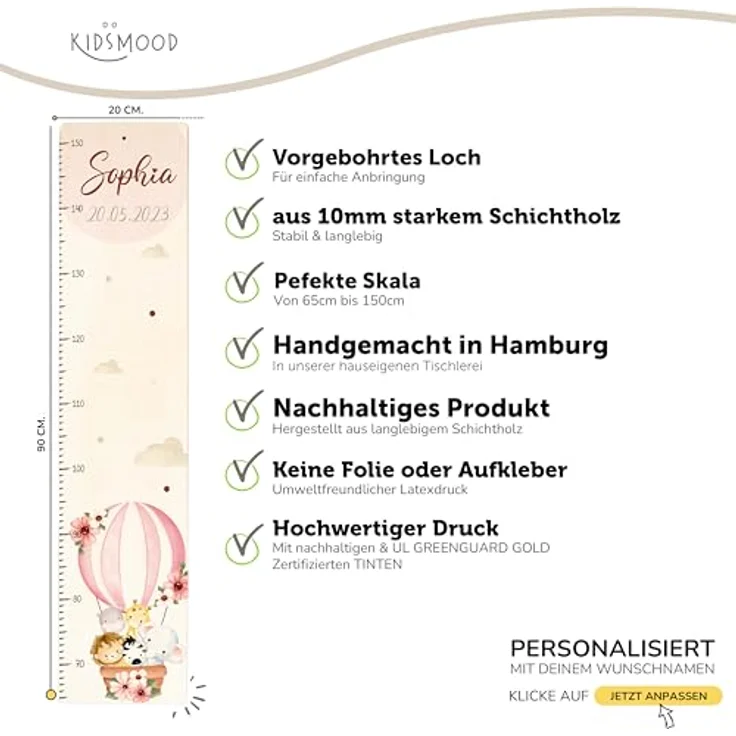 KIDSMOOD - Messlatte für Kinderzimmer Personalisiert, 70-140 cm - Messlatte Kinder Holz personalisiert Mit Namen für Baby- & Kleinkinderzimmer - Individuelles Geschenk für Kinder und Babys zum Geburt – Bild 9