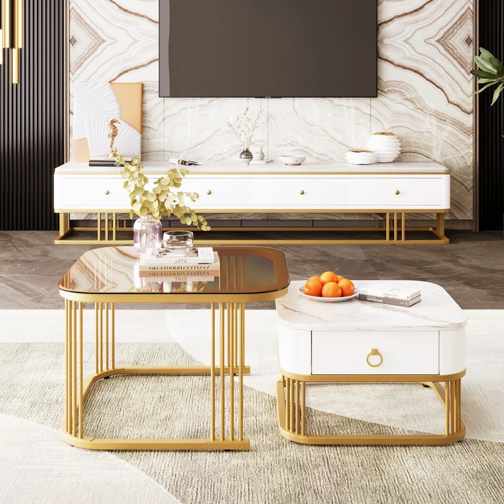 Couchtisch set 60×60+50×50 cm Hochglanz Marmoroptik Weiß und Gold und Teebraun,Kaffeetisch mit Schublade – Bild 3