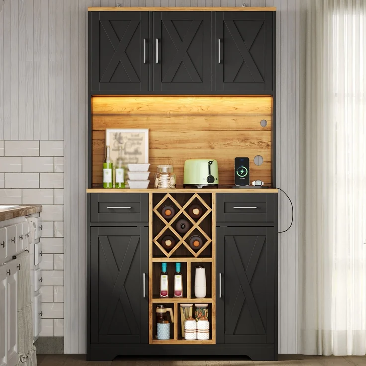 Küchenschrank, hoher Stauraumschrank mit LED-Beleuchtung, Vorratsschrank mit Weinregalen, Weinschrank & Vitrinenschrank für Wohnzimmer und Esszimmer, 180 × 105 × 40 cm--Natur2 + Schwarz--105x40x180cm--YOUDENOVA – Bild 3