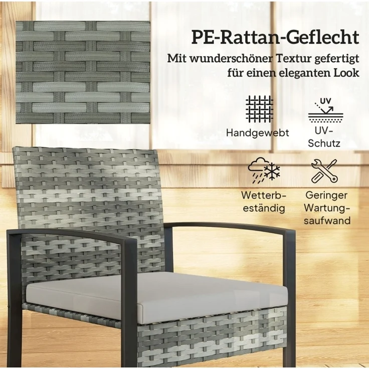 Gartenmöbel-Set 3-teilig mit Kunststoff-Rattan, Glastisch, 55x58x76 cm, Hellgrau – Bild 3