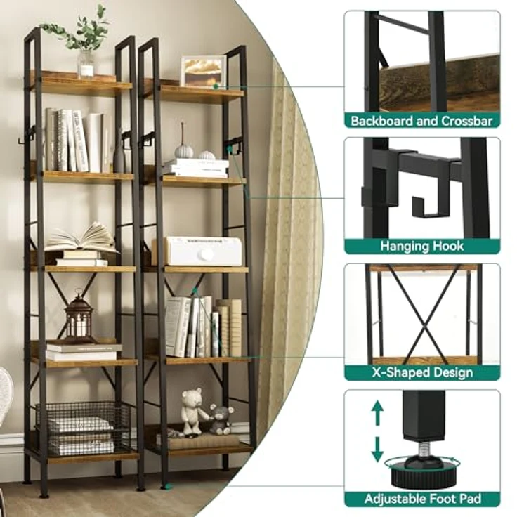 YITAHOME Bücherregal mit 5 Ebenen, industrielles Leiterregal, freistehendes Holzregale und Metallrahmen, modernes Regal für Wohnzimmer, Flur, Vintagebraun – Bild 7