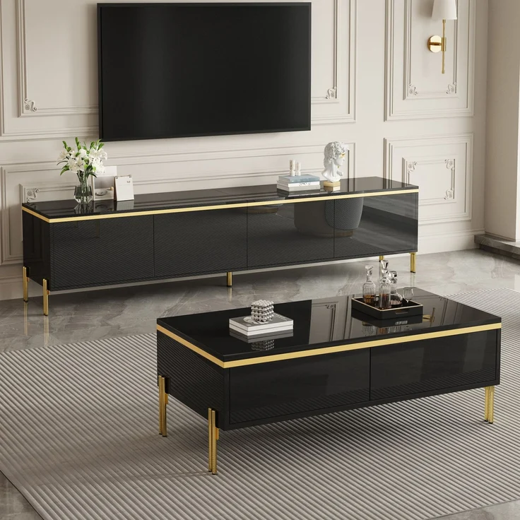 Modernes Luxus-TV-Schrank- und Couchtisch-Set , Hochglänzende Oberfläche in Unifarbe , Goldene Kanten , Großzügiger Stauraum--Schwarz--111x59.21x13.49cm--YOUDENOVA – Bild 10