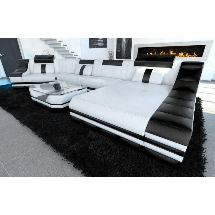 Mini Luxus Wohnlandschaft Turino C-Form mit LED - Echtleder - Weiß-Schwarz - Rechts – Bild 3