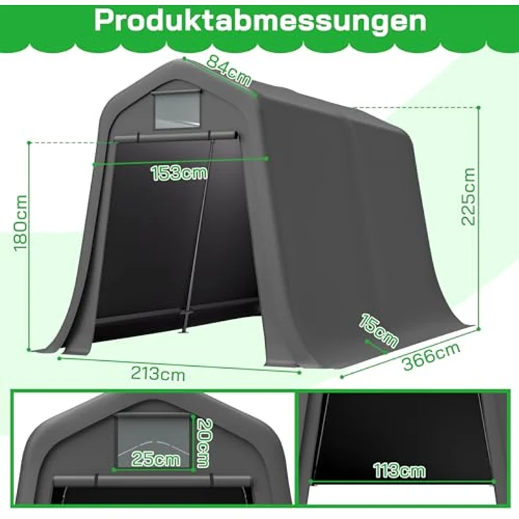 Ball & Cast Fahrradgarage wetterfest Geräteschuppen mit Belüftungsfenster Carport Zelt mit UV-Schutz Fahrradschuppen für Regenschutz Motorrad Garage Gartenhaus Grau, 213×366×225 cm – Bild 11