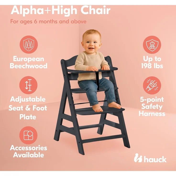 Hauck Kinder Hochstuhl Alpha+ - Mitwachsender Holz Babystuhl (FSC zertifiziert), Kinderhochstuhl ab 6 Monate, verstellbar, mit Schutzbügel, Schrittgurt und 5-Punkt-Gurt - Schwarz – Bild 4