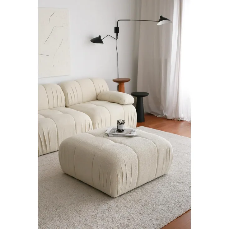 Atelier Del Sofa Stylish White Pouffe, 89 x 43 x 89 cm, 100% Teddy Fabric, Plastic Legs | Soft & Cozy Seating for Modern Living Rooms & Bedrooms, Versatile Design